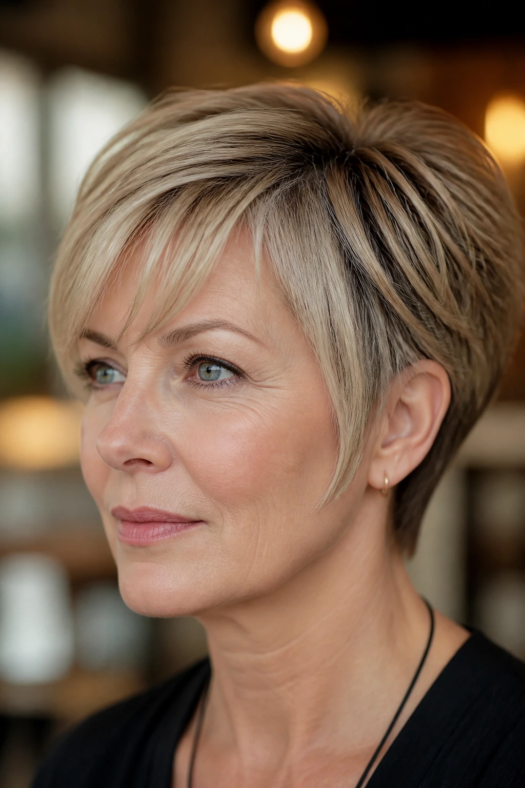 Portrait of a real woman with wedge cut and tapered wisps in warm cafe light.