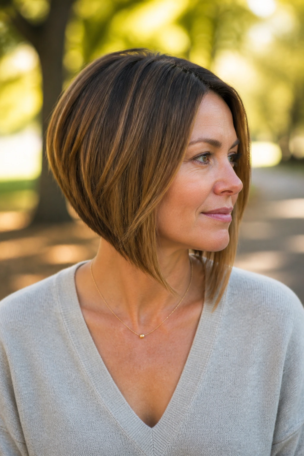 Close-up of a real woman with a wedge lob haircut