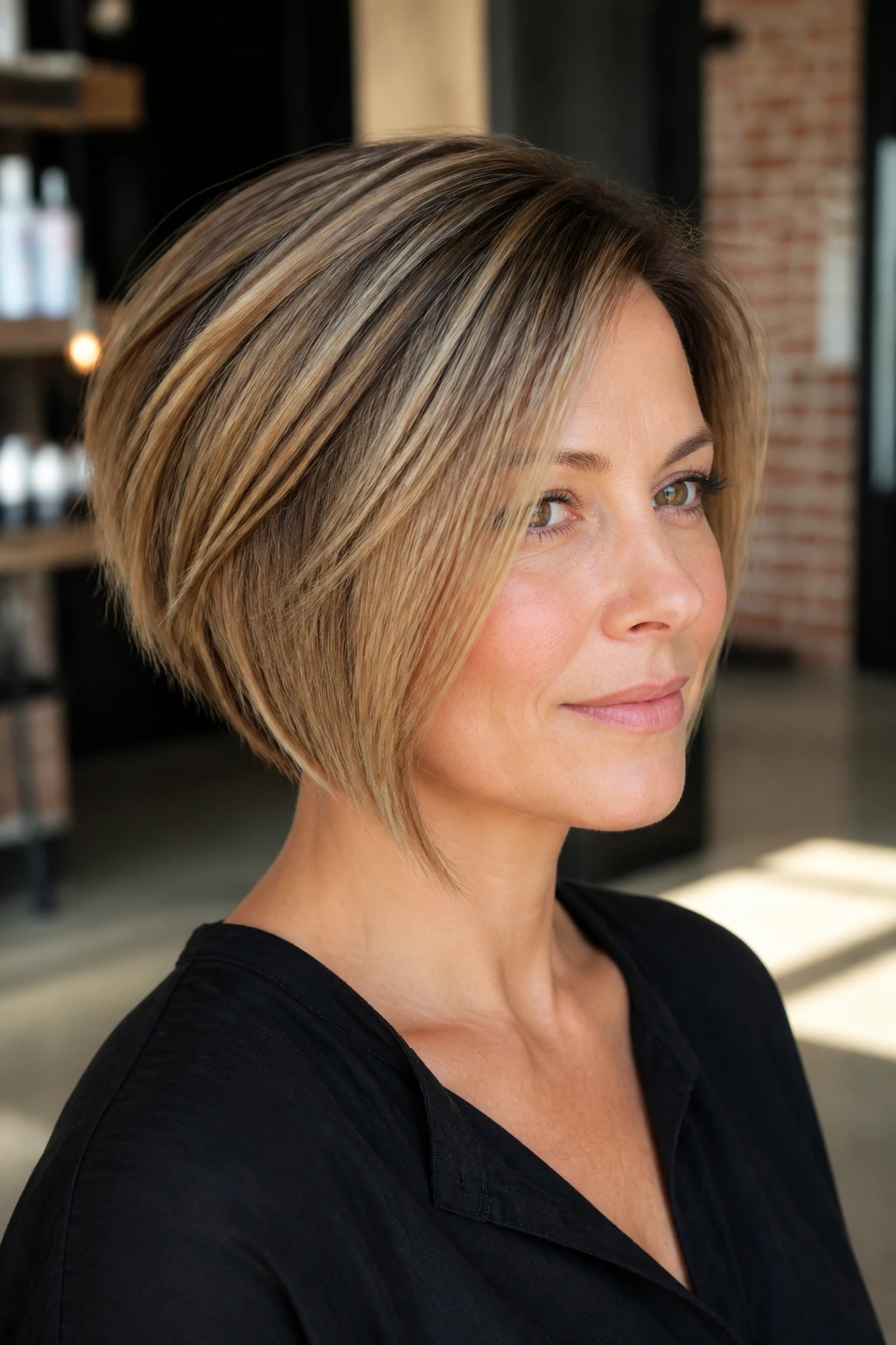 Close-up portrait of a real woman with a wedge lob showing back length slightly shorter and front longer.