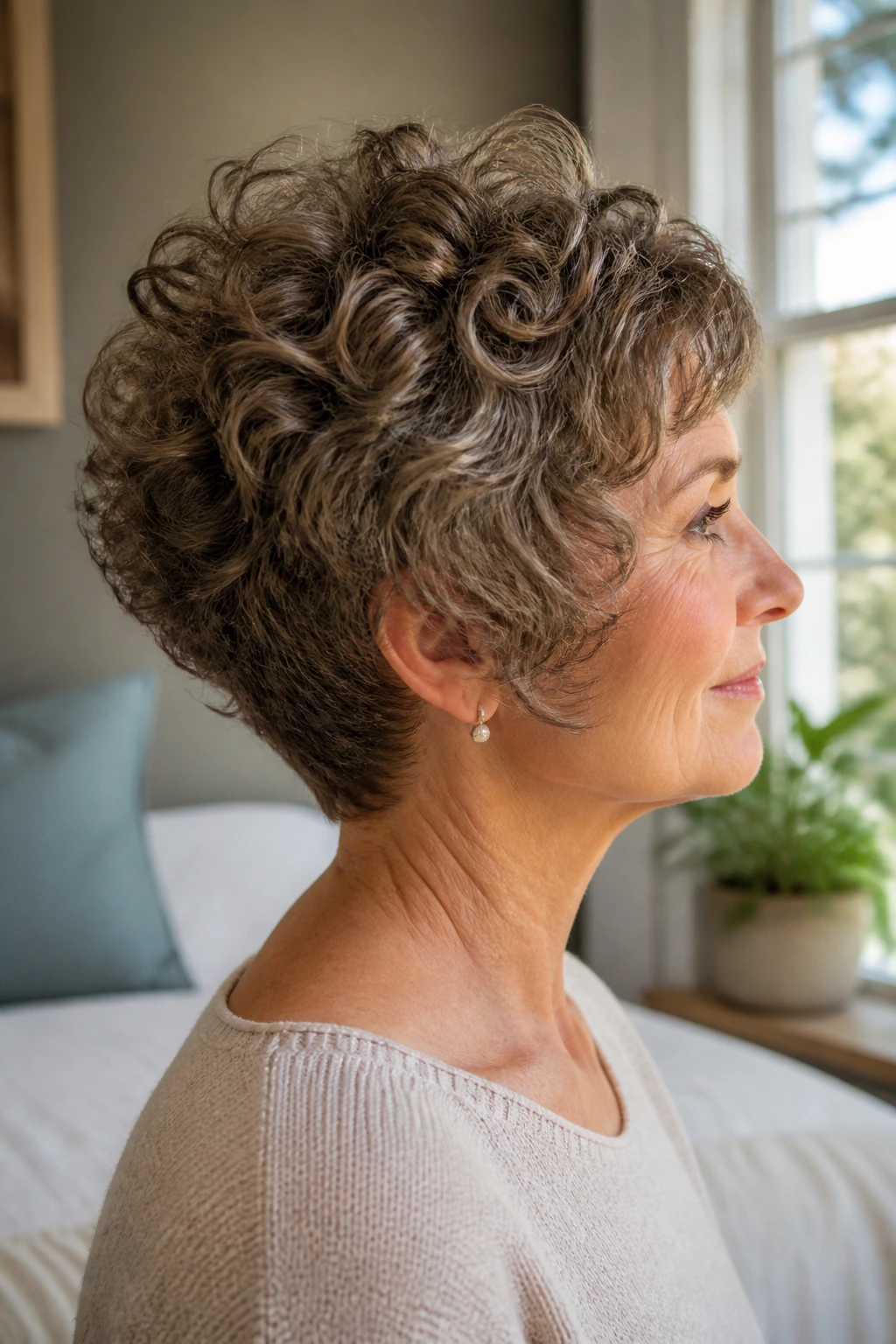 Side profile of a woman with a lifted-back wedge perm showing curved back and longer front
