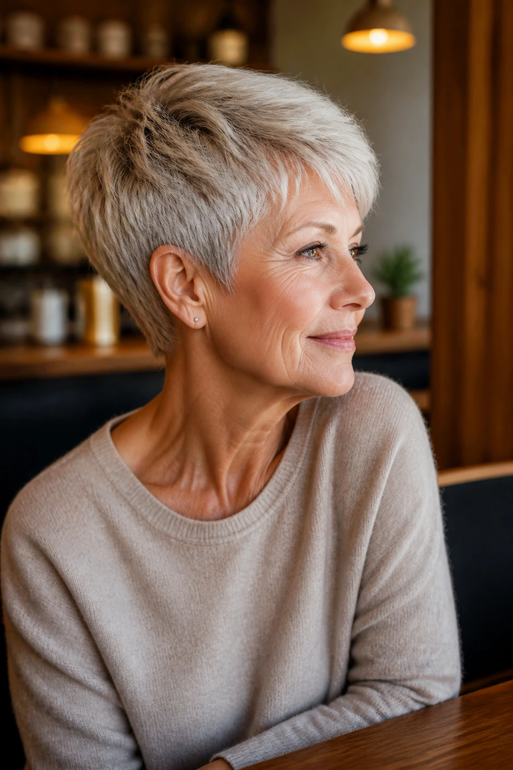 Three-quarter profile of a real woman with a wedge-inspired pixie showing stacked back and open front