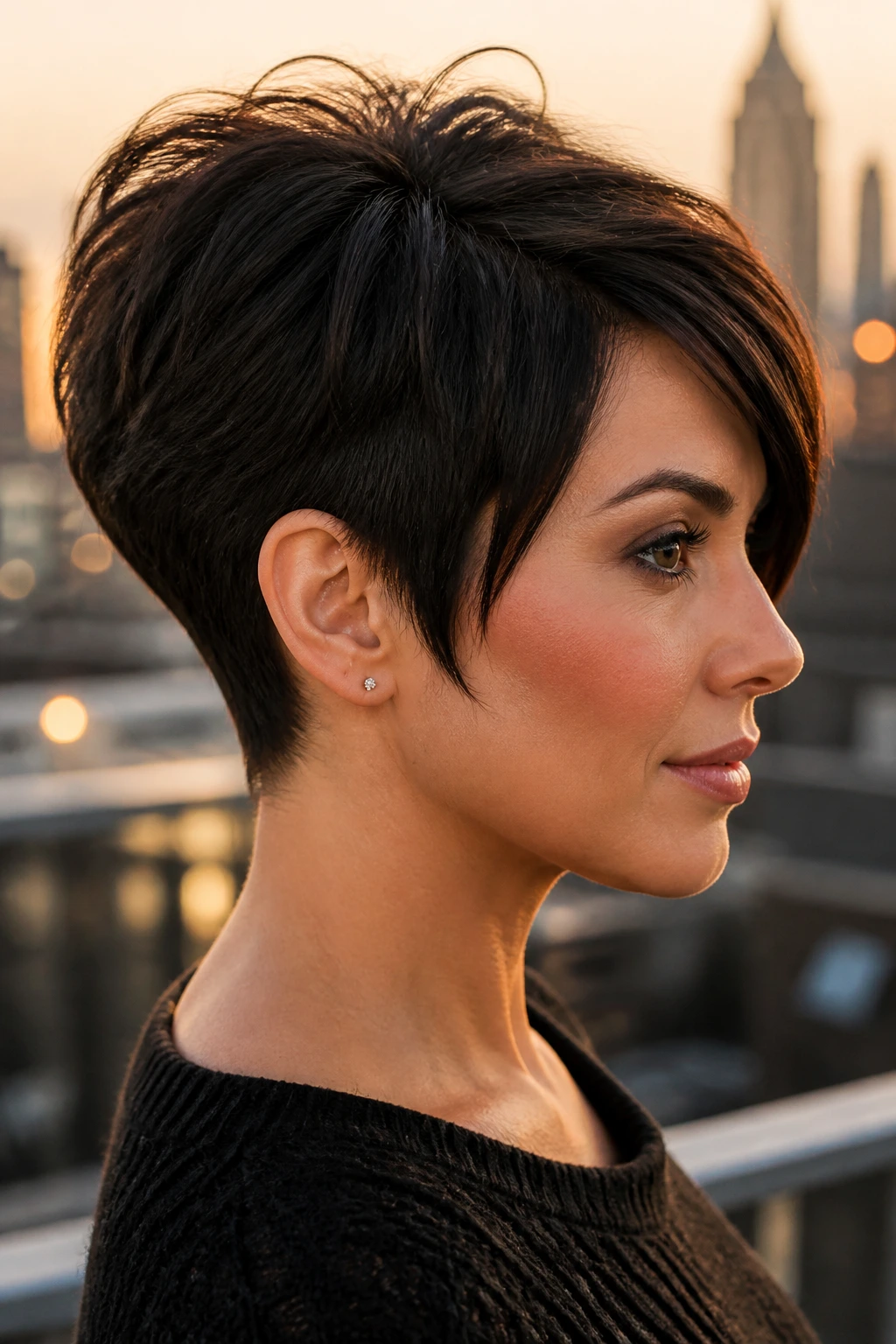 Wedge-inspired pixie close-up portrait on a real woman