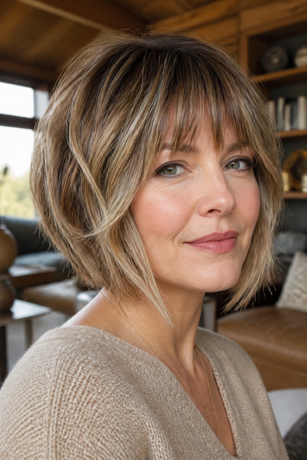 Close-up of a real woman with wedge-inspired shag bob and face-framing layers in a cozy living room