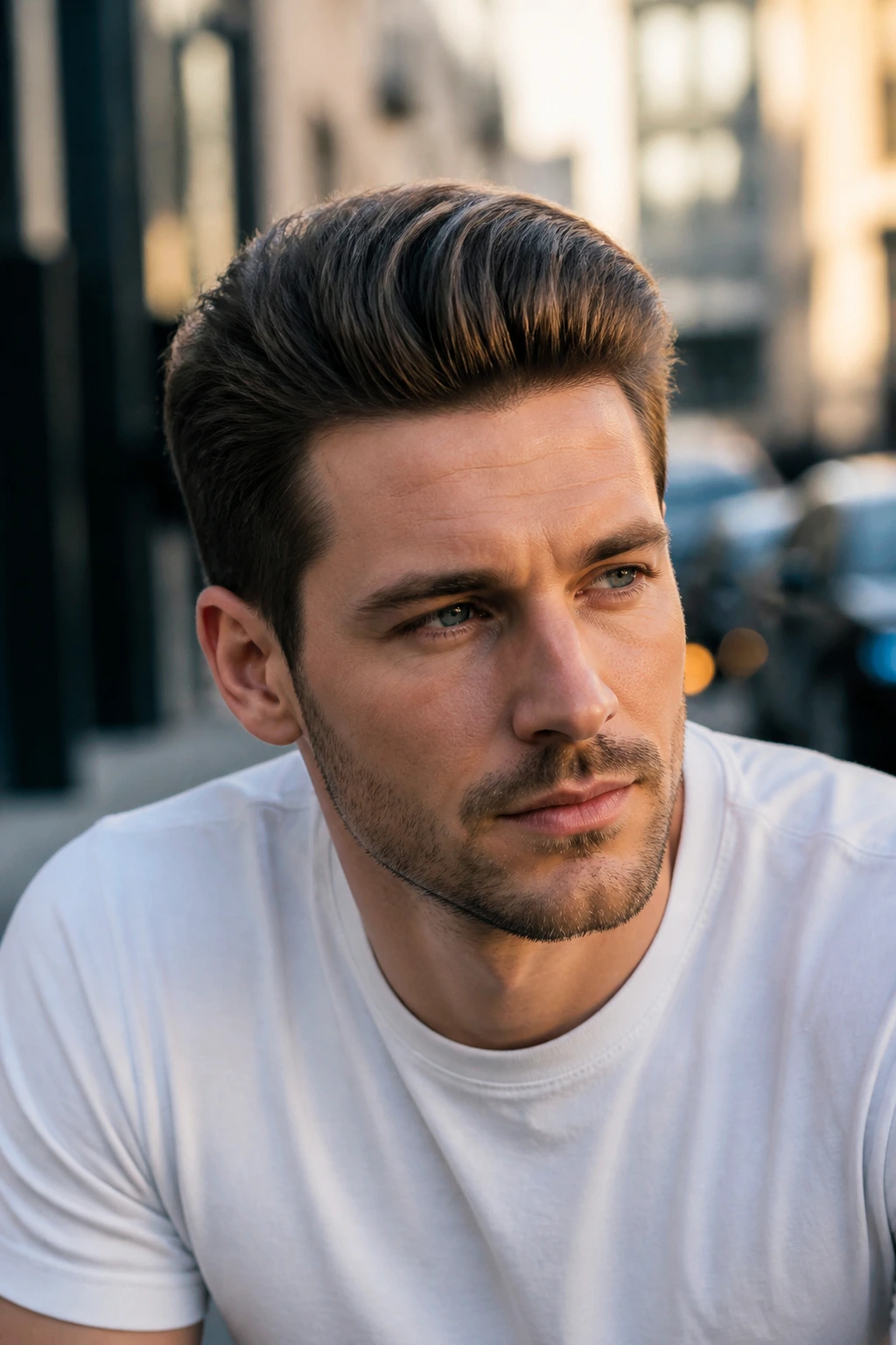 Close-up of a man with Weekend Casual Pomp hairstyle in an urban street setting