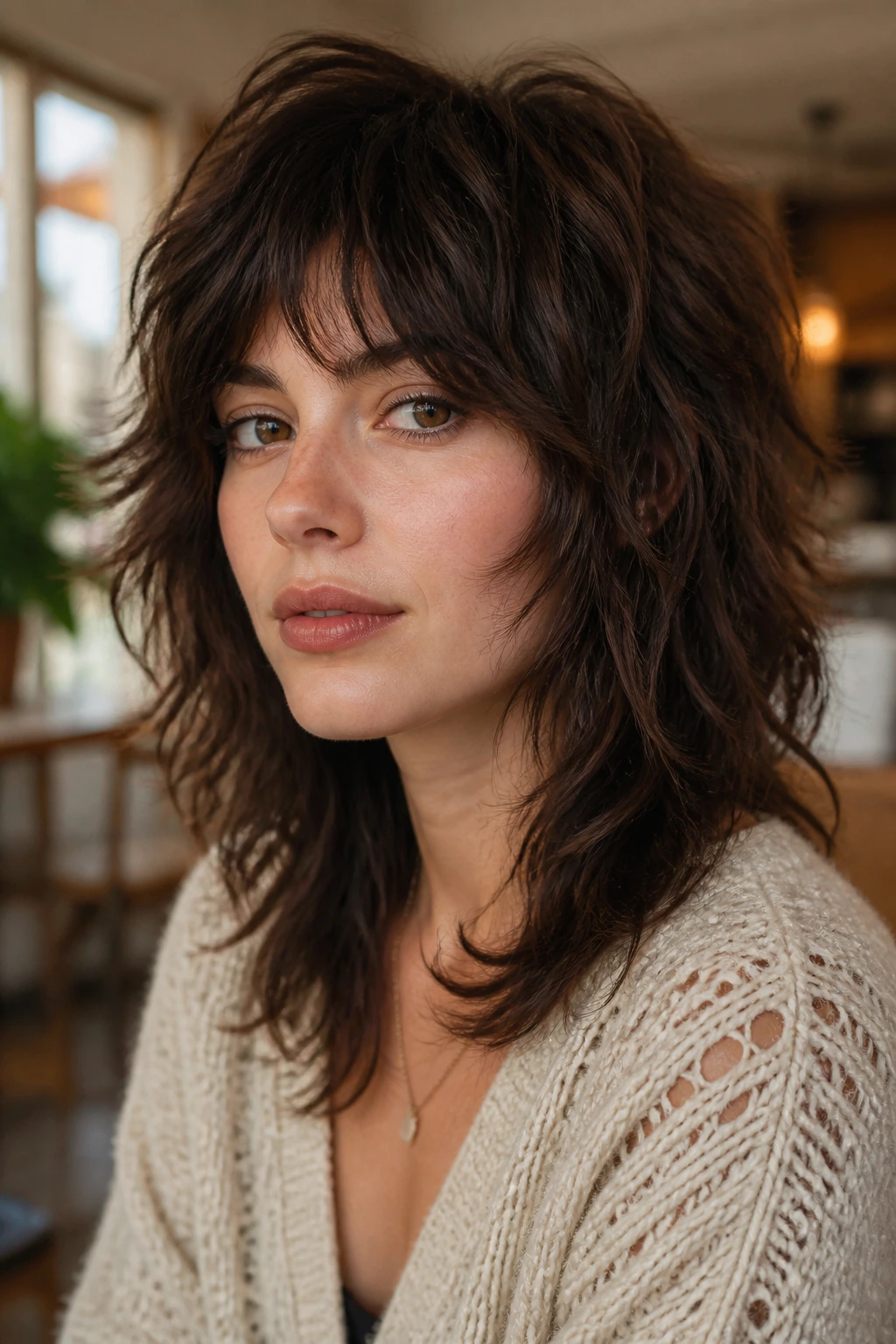 Portrait of a real person with weekend texture shag in a cozy setting