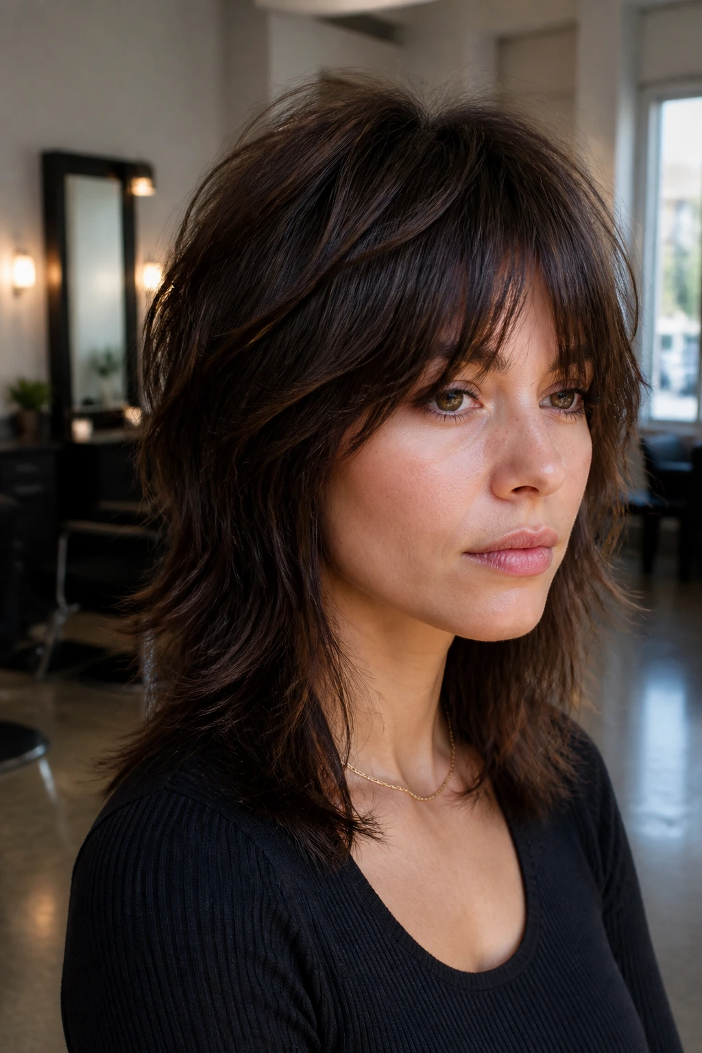 Close-up of real woman with vintage shag showing weight distribution under soft salon light