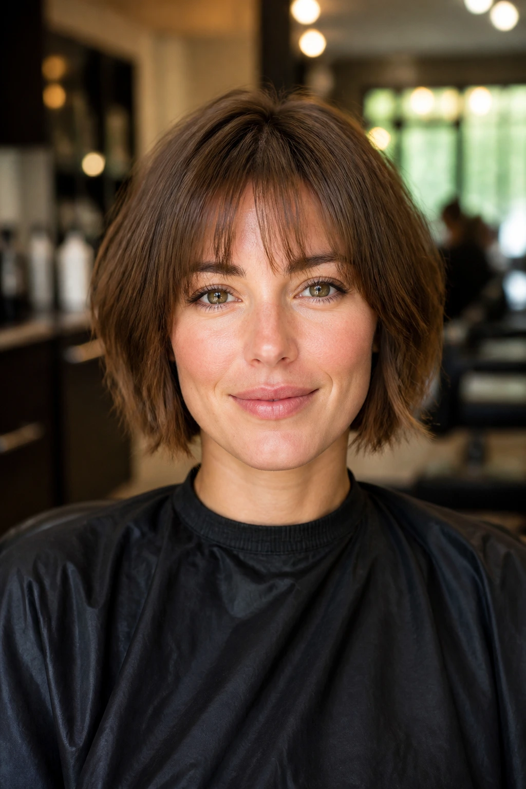 Portrait in a salon of a real person with a soft fringe demonstrating weight and length.