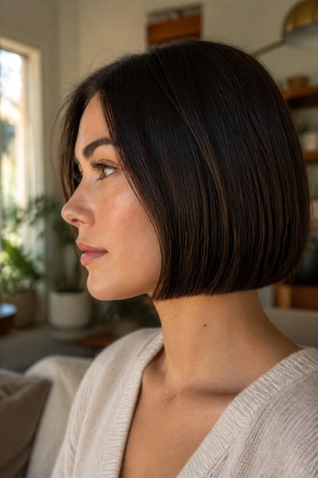 Profile portrait highlighting a hairstyle's weight line along the jaw.