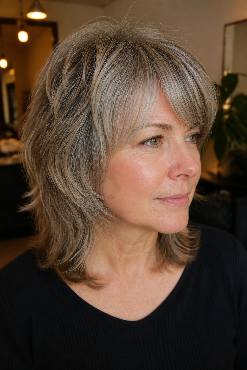 Close-up of real woman's head showing weight line in a shag