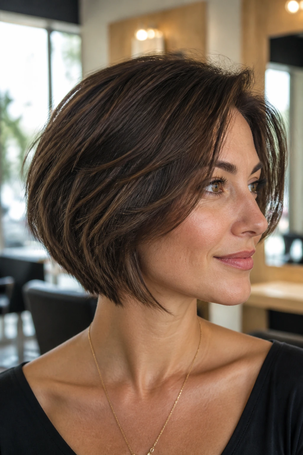 Close-up of real woman with weight-removed bob thinning interior layers for thick hair