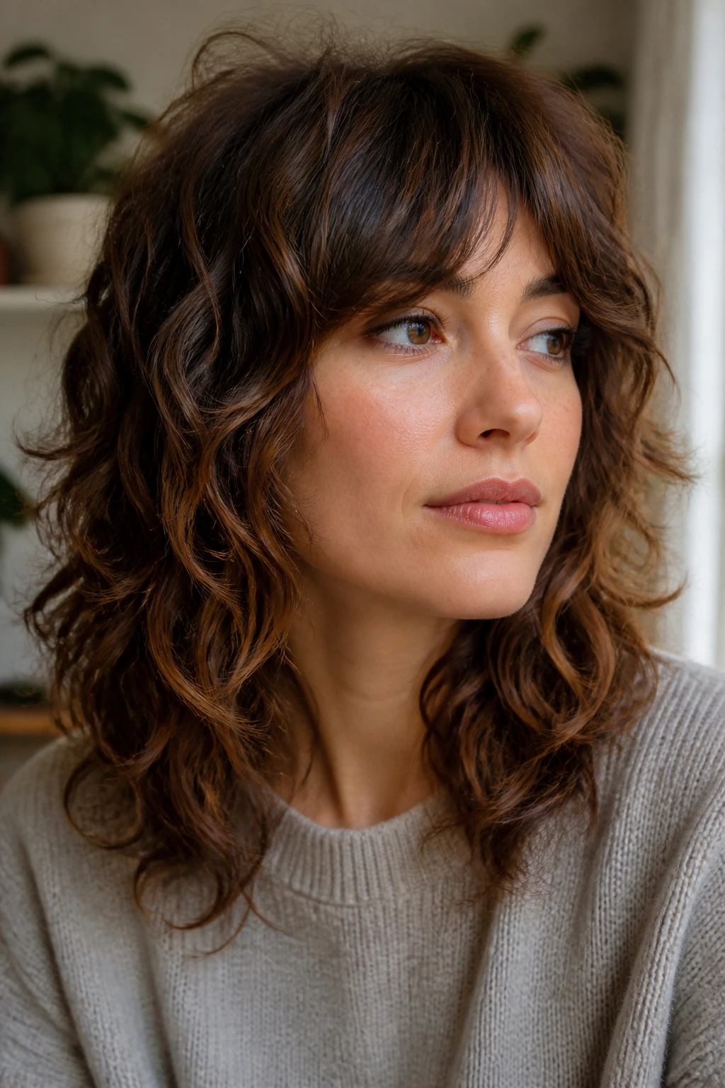 Close-up portrait of a real person with weight-removed shag and soft ends, mid-length wavy hair.