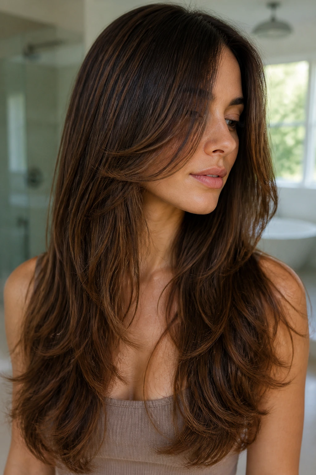 Close-up portrait of a real woman with thick hair showing layered reduction and shine