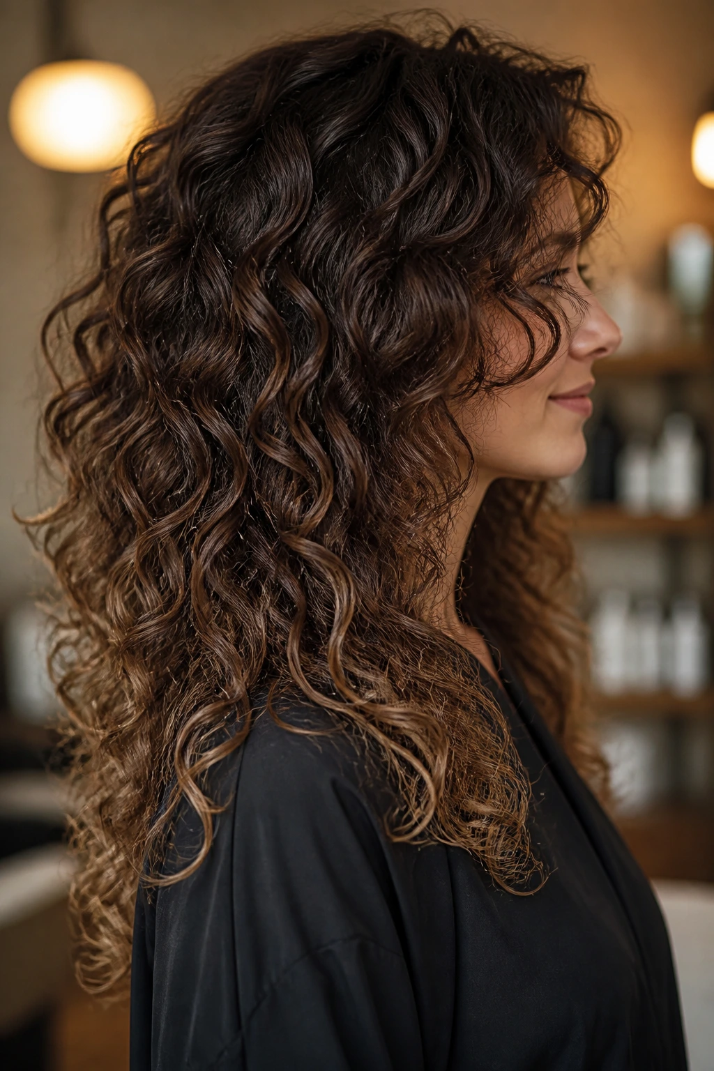 Side-profile of a real woman with weightless-ended curls.