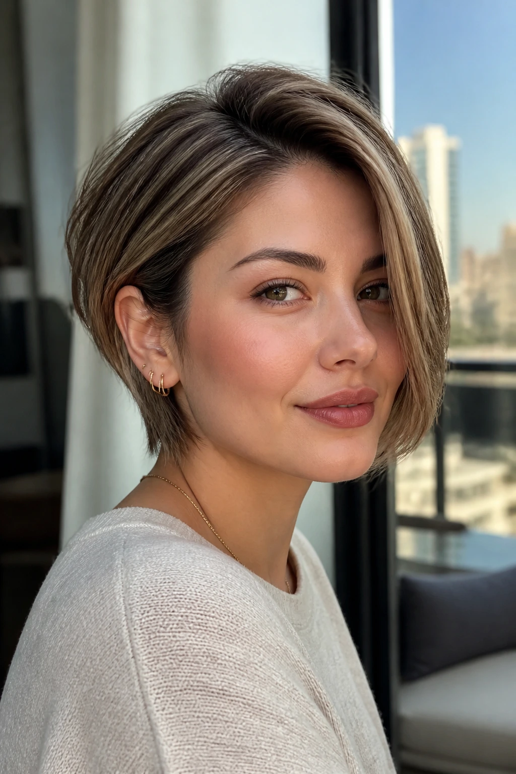 Real woman with a well-balanced short haircut showing a flattering contour and crown height.