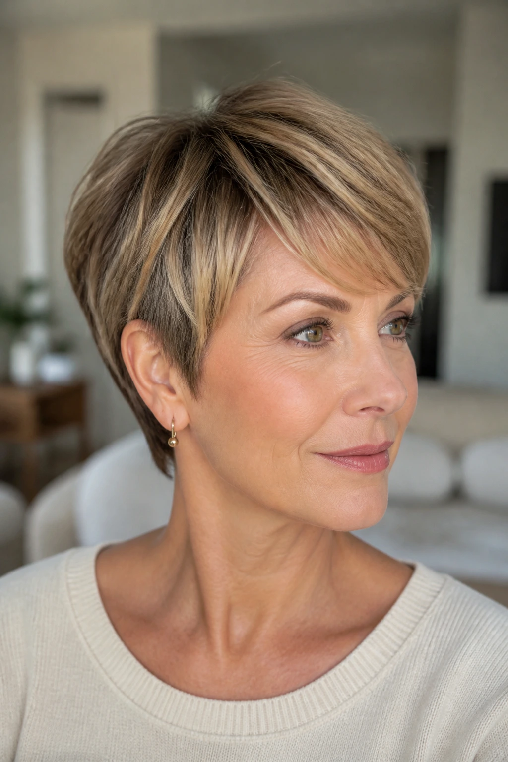 Portrait of a woman with a well-shaped short haircut in natural light