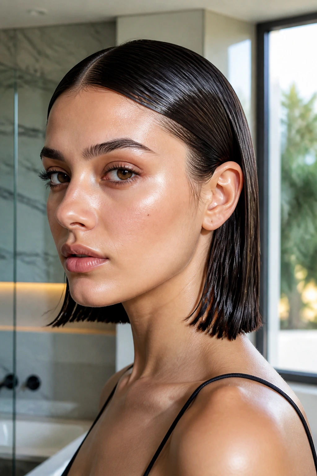 Close-up portrait of a real woman with a wet-finish lob and glossy sleek line