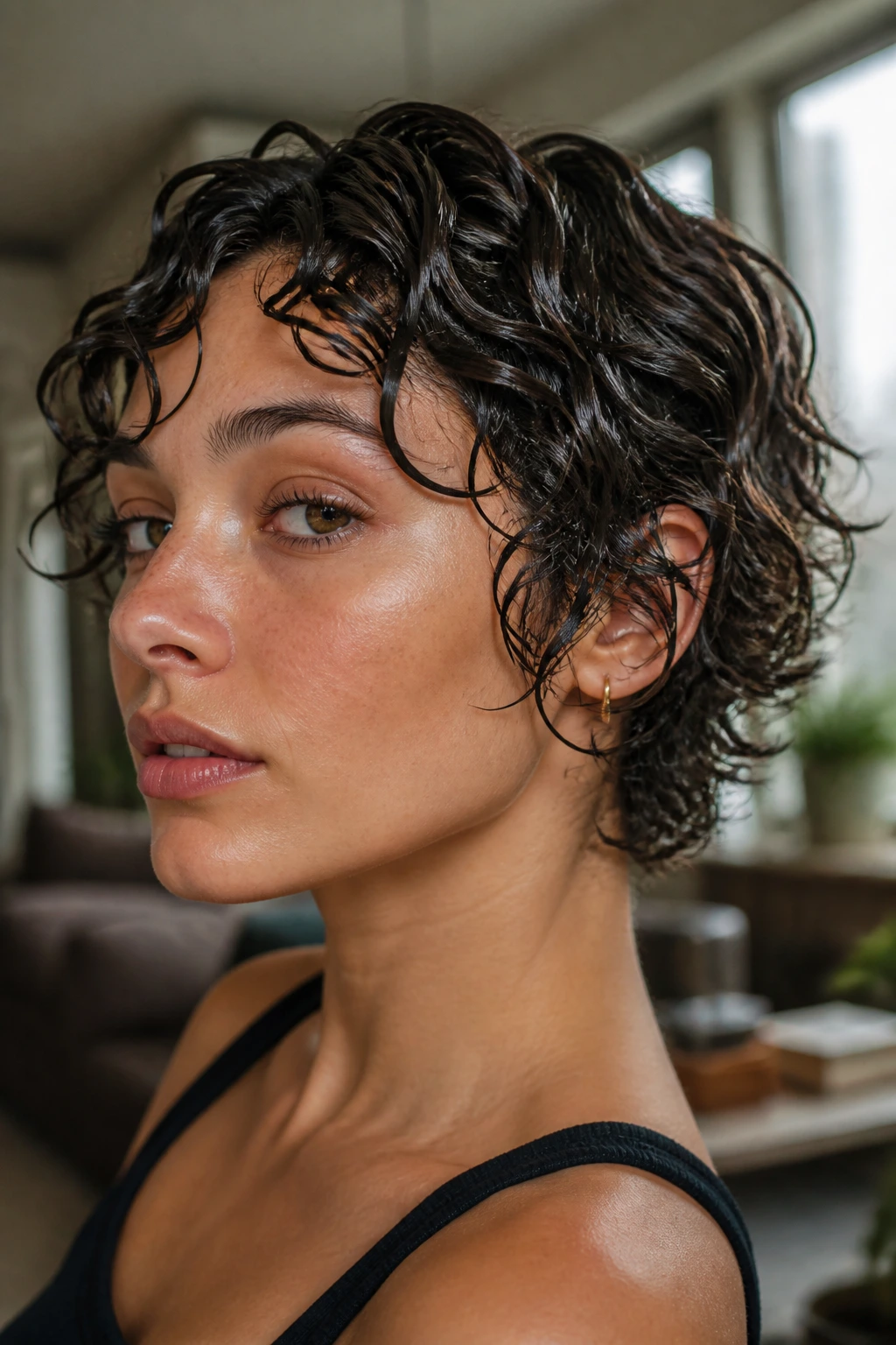 Close-up of short hair with wet-gel cast waves on a real person