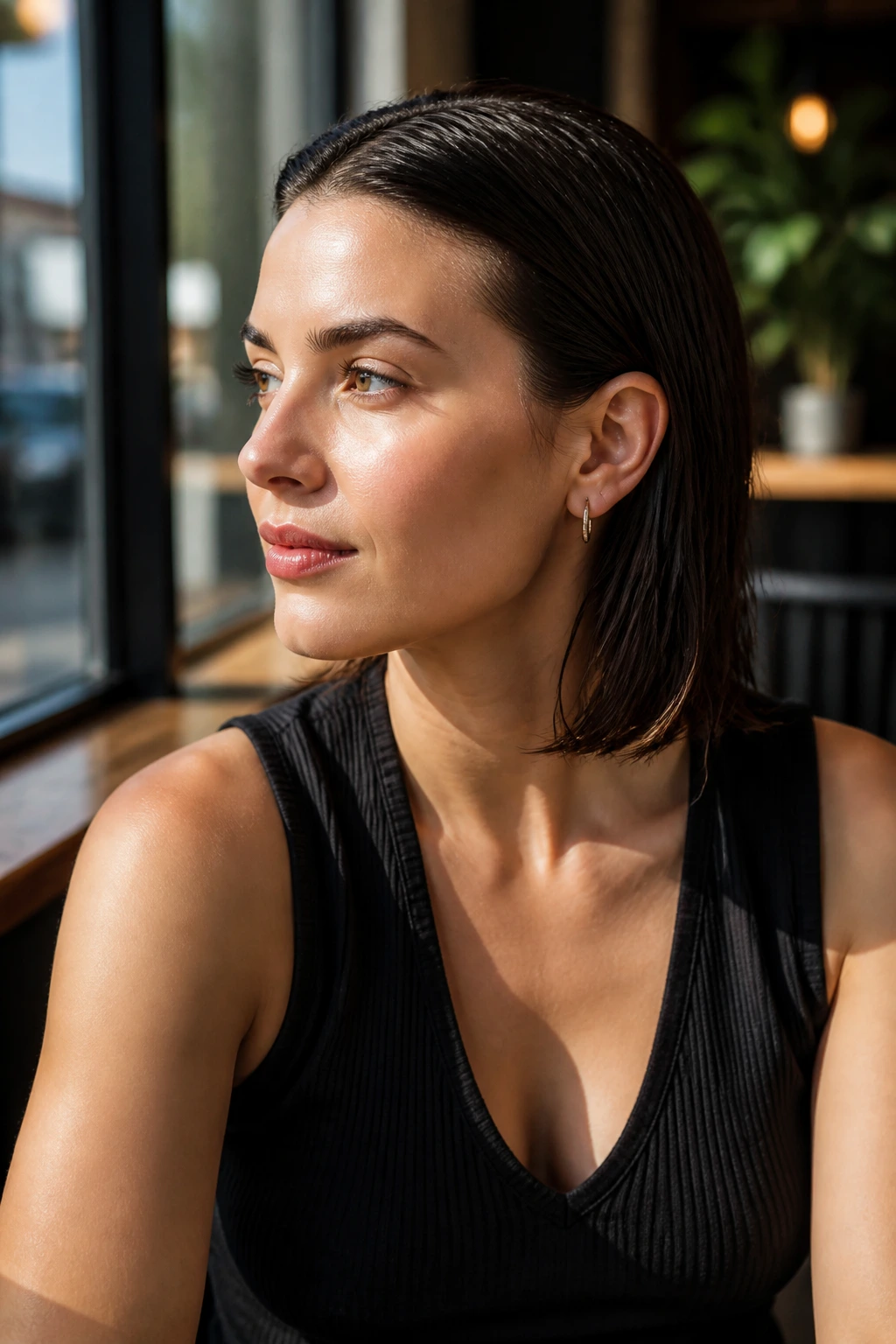 Close-up of a real woman's shoulder-length wet lob with tucked ends behind the ears
