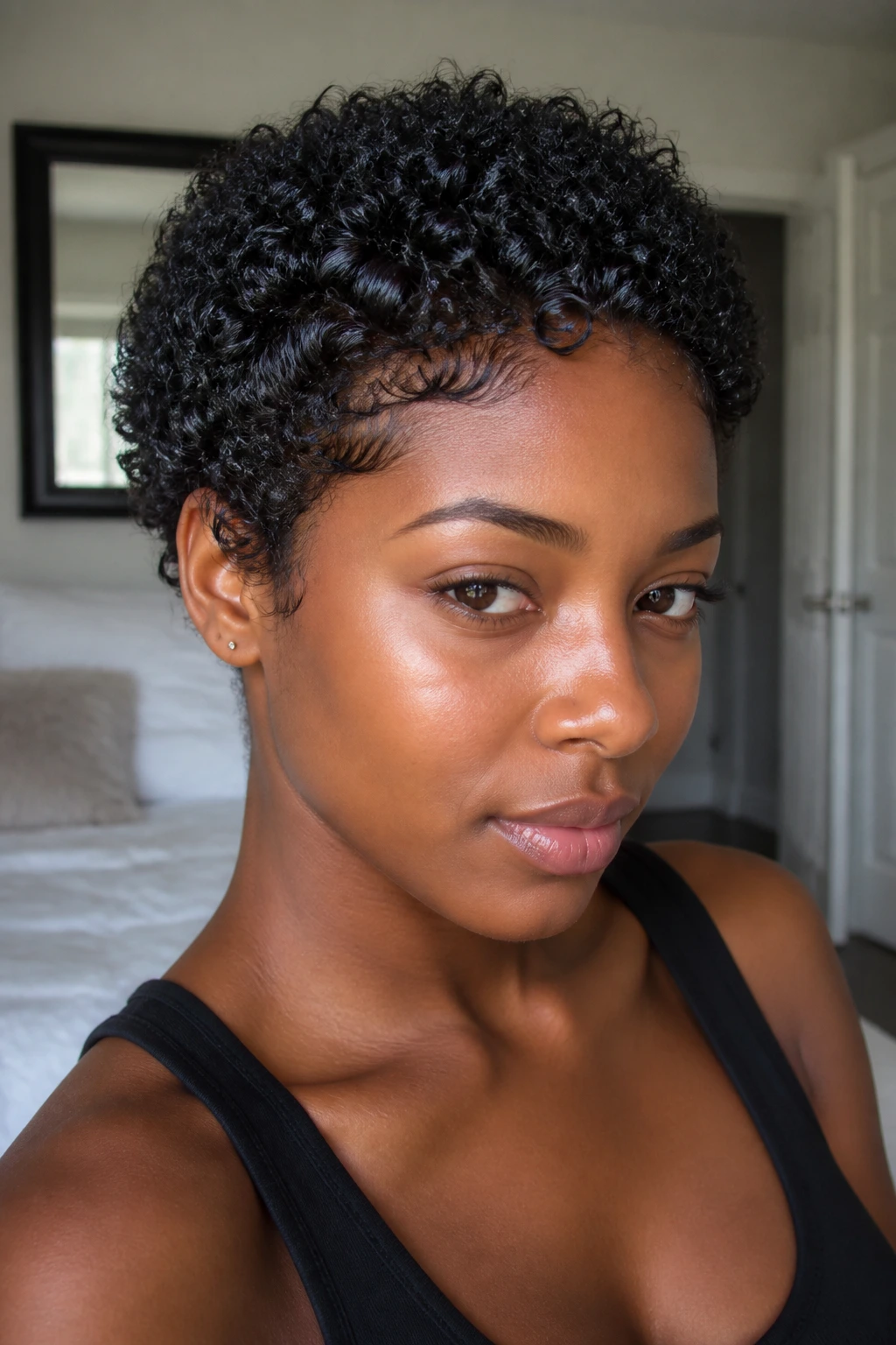 Close-up of a real Black woman with wet-look glossy short afro curls.