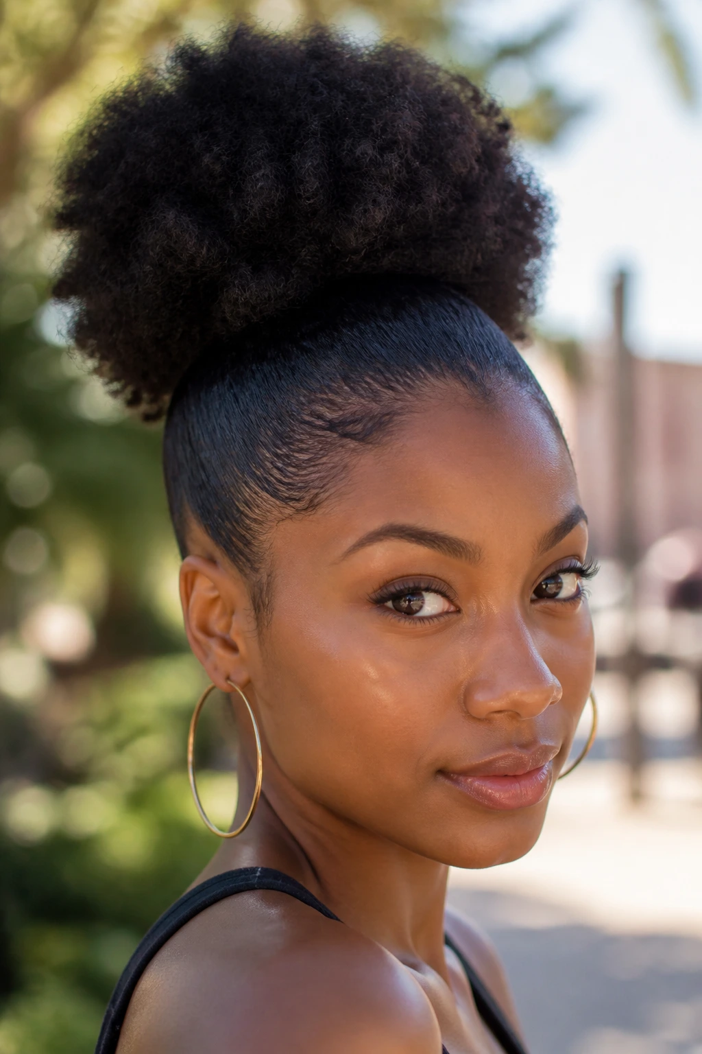 Real woman with wet-look afro puff and sleek sides hairstyle