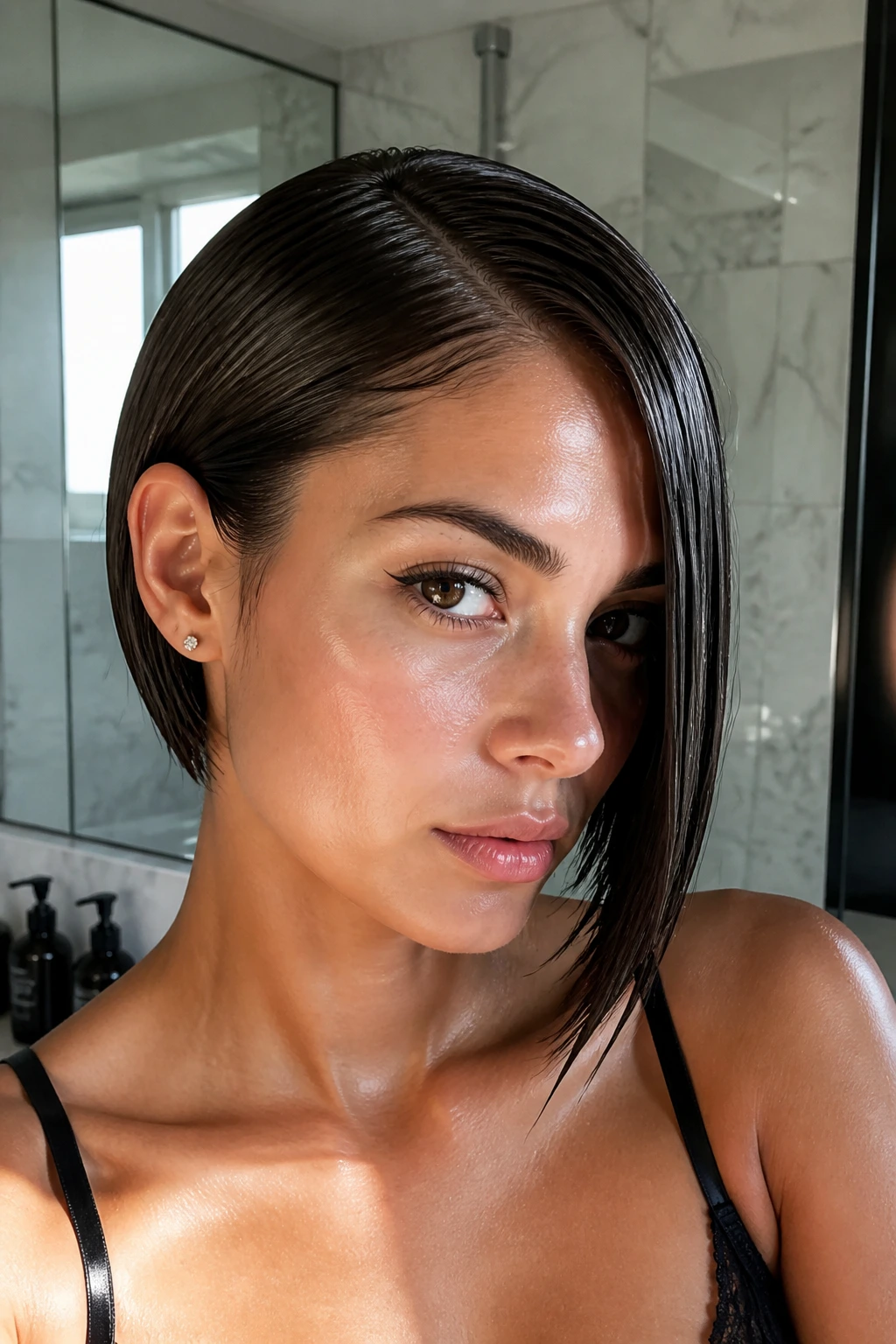 Close-up of a real woman with a wet-look asymmetrical bob in a chic bathroom