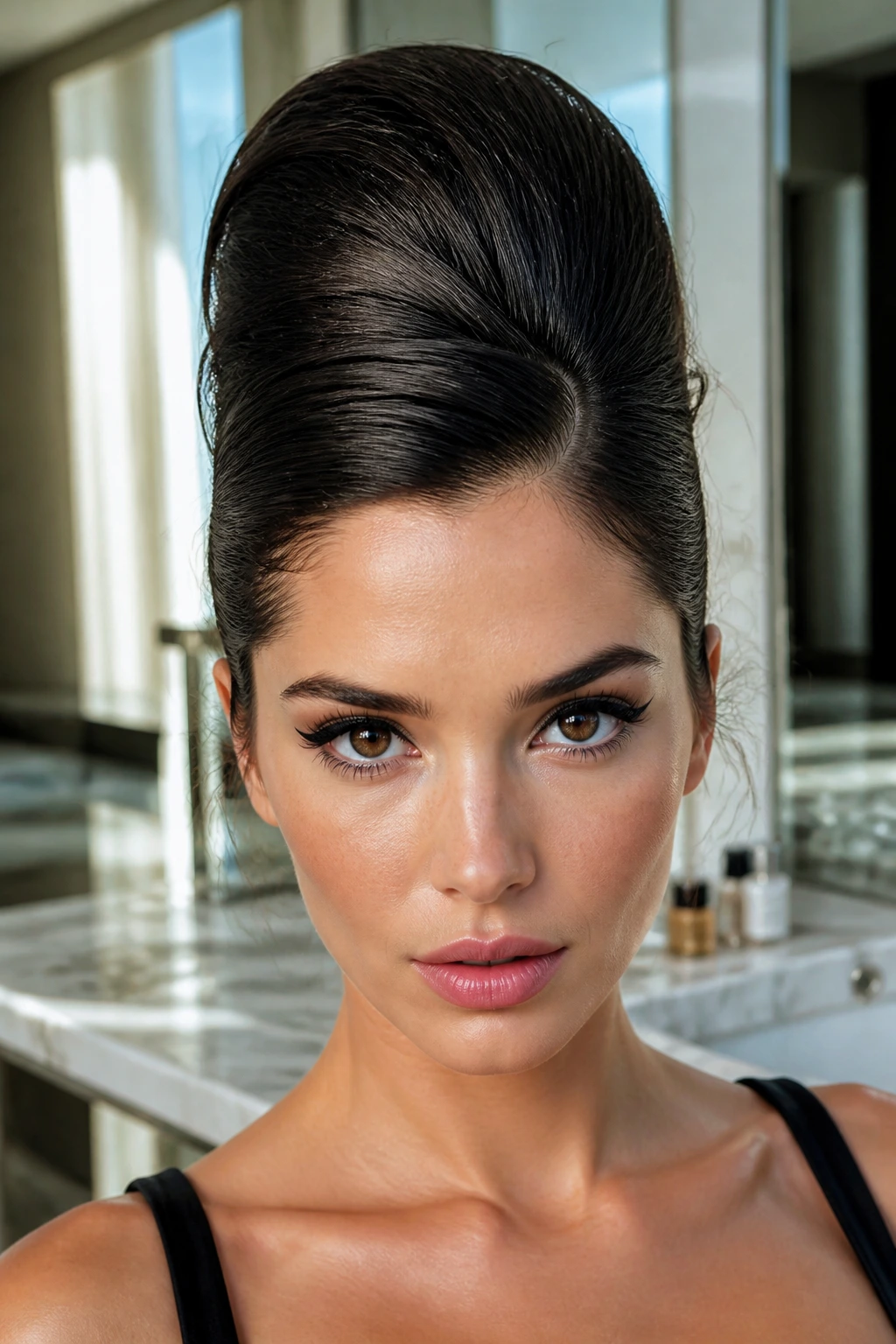 Close-up portrait of a woman with Wet-Look Beehive hairstyle in a marble bathroom