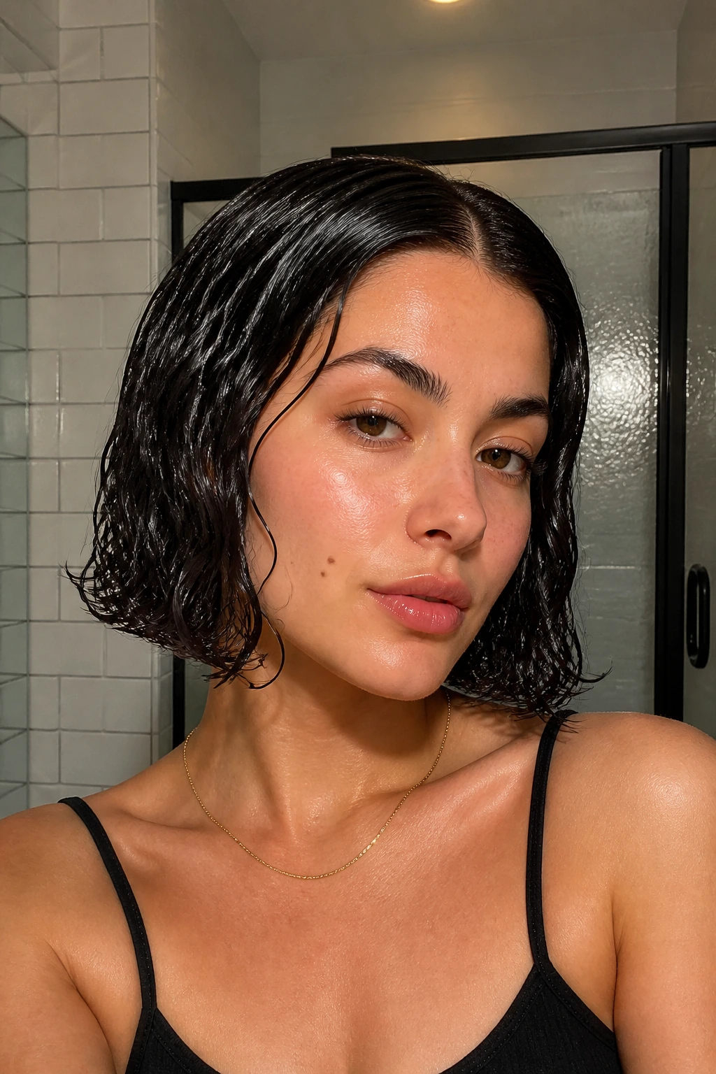 Portrait of a real woman with a wet-look sculpted bob and glossy, defined curls.