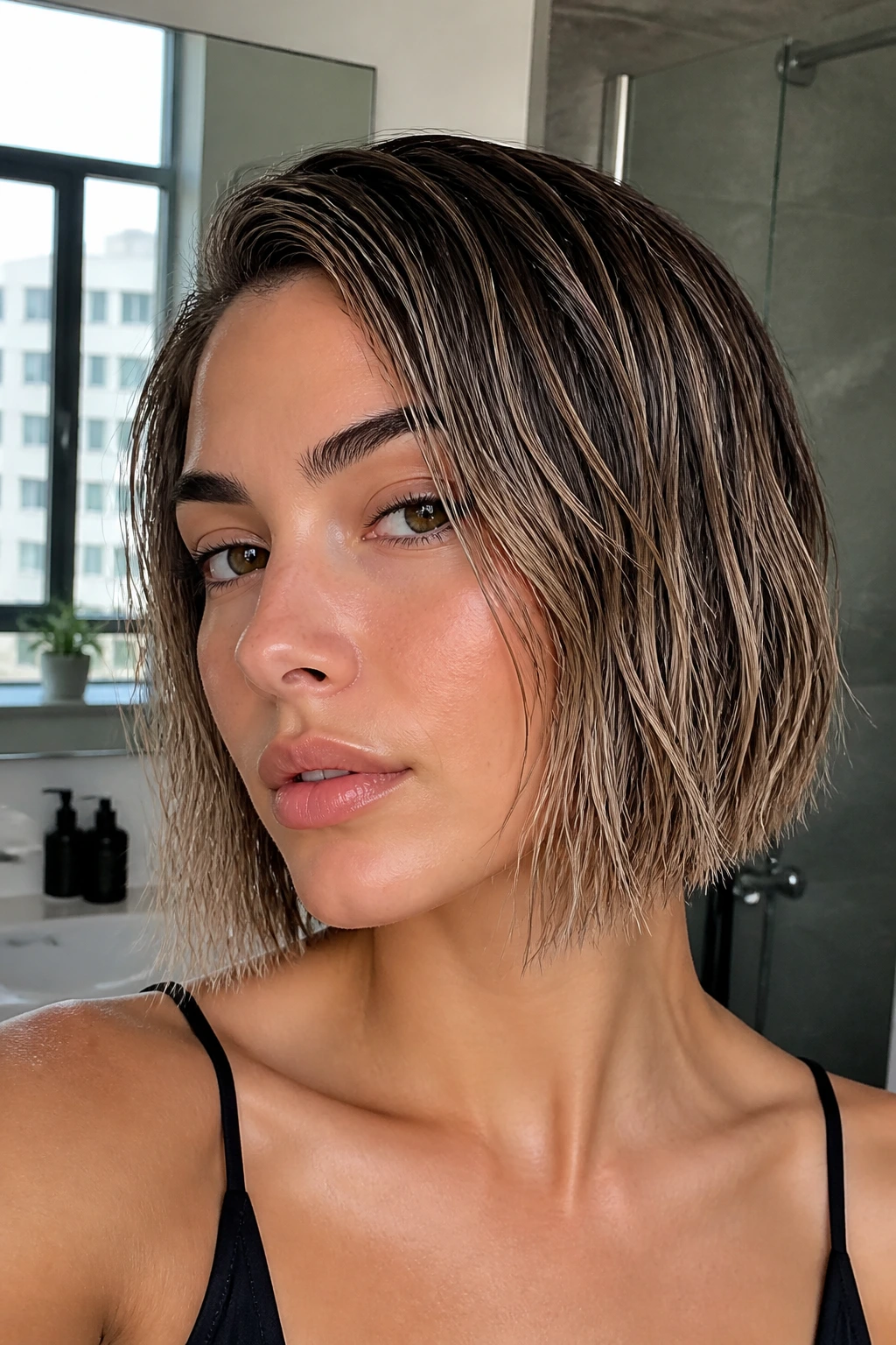 Portrait of a real woman with a wet-look bob and smoky beige balayage.
