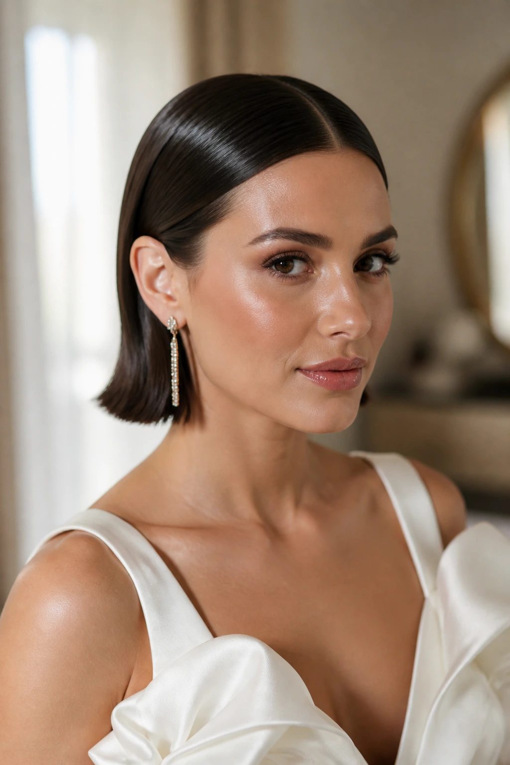 Close-up of a real bride with a glossy wet-look bob and sharp center part in a bridal suite