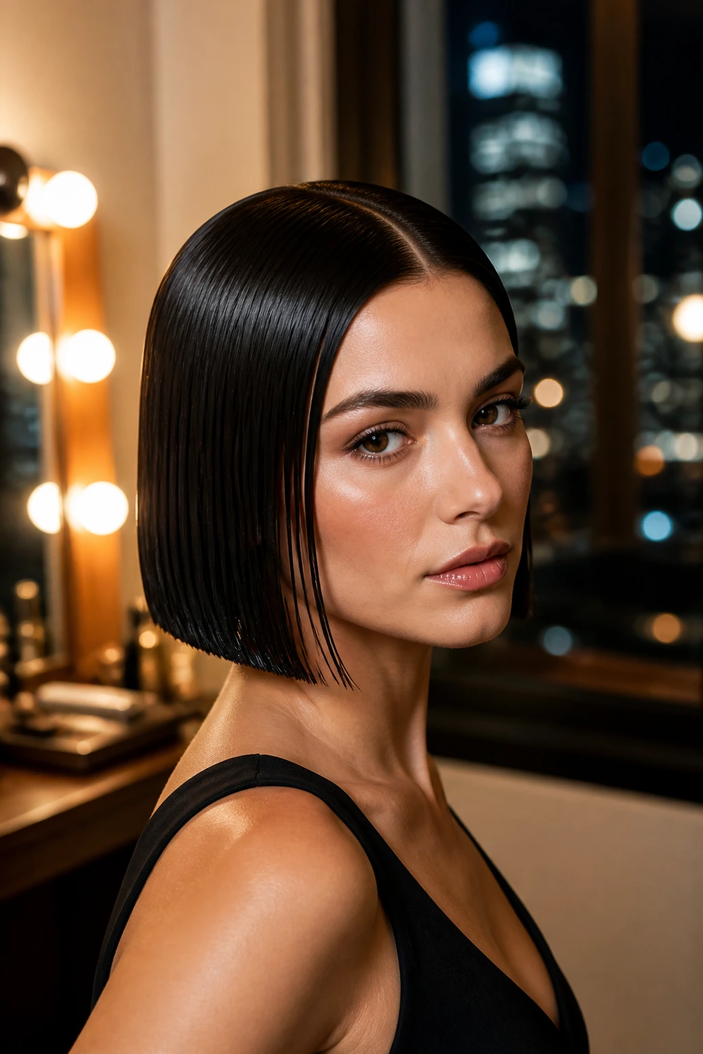 Close-up of a real woman with a glossy wet-look bob in a warm backstage dressing room