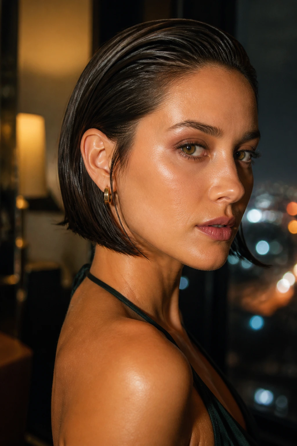 Close-up of a real woman with a wet-look sleek bob and surface layers.