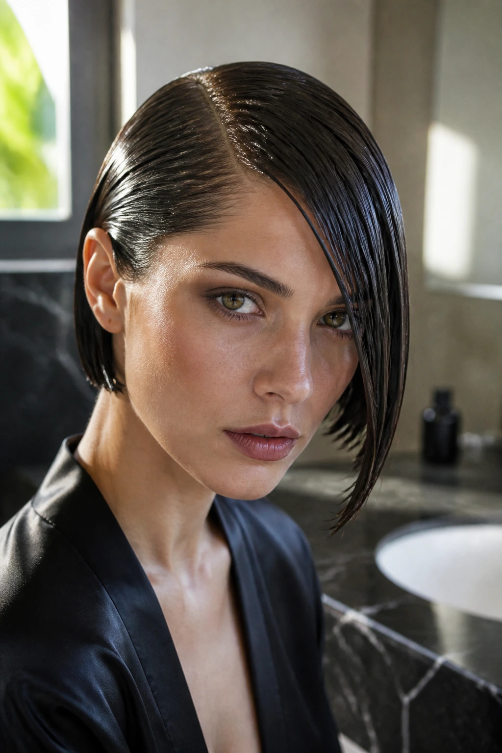 Close-up of a real woman with a glossy wet-look asymmetric bob in a moody bathroom.