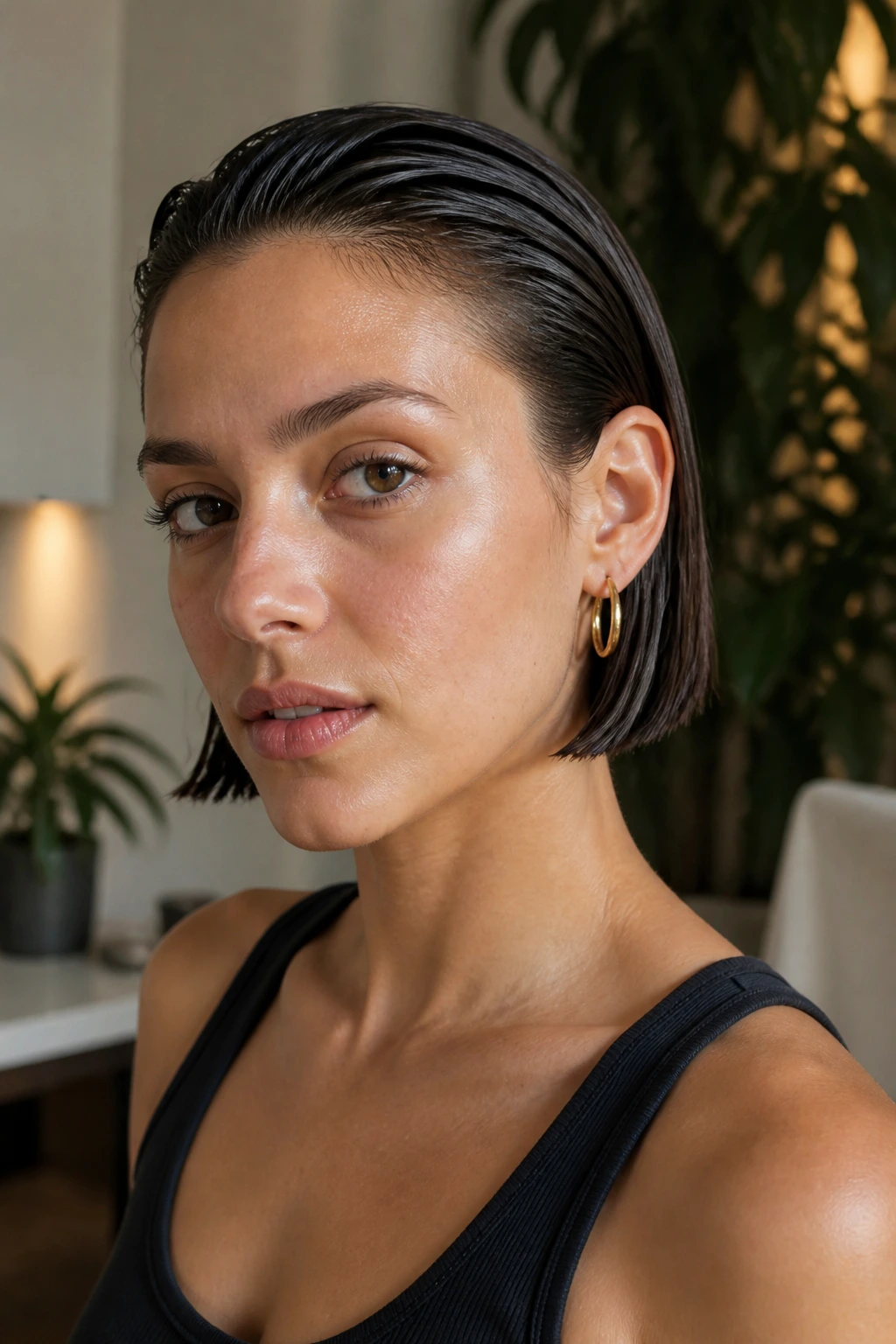Close-up portrait of a real woman with a wet-look sleek bob and glossy hair hugging the head