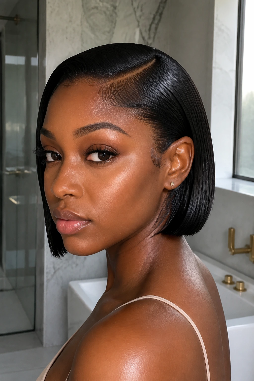 Real Black woman with a glossy wet-look bob close-up