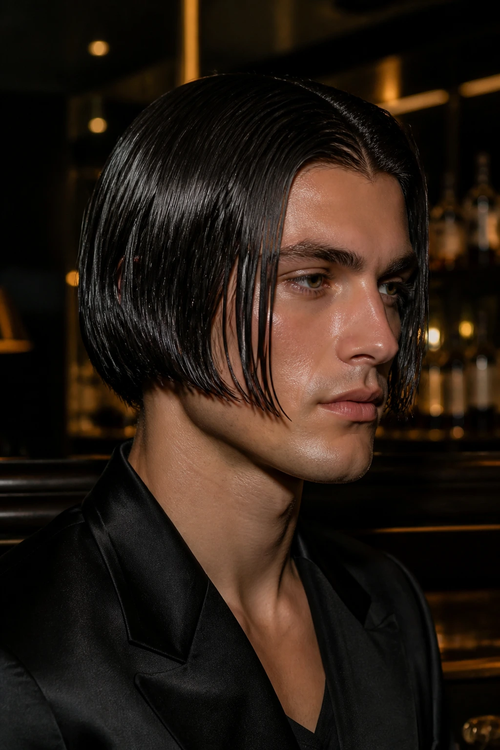 Man with wet-look bob hairstyle in night bar portrait