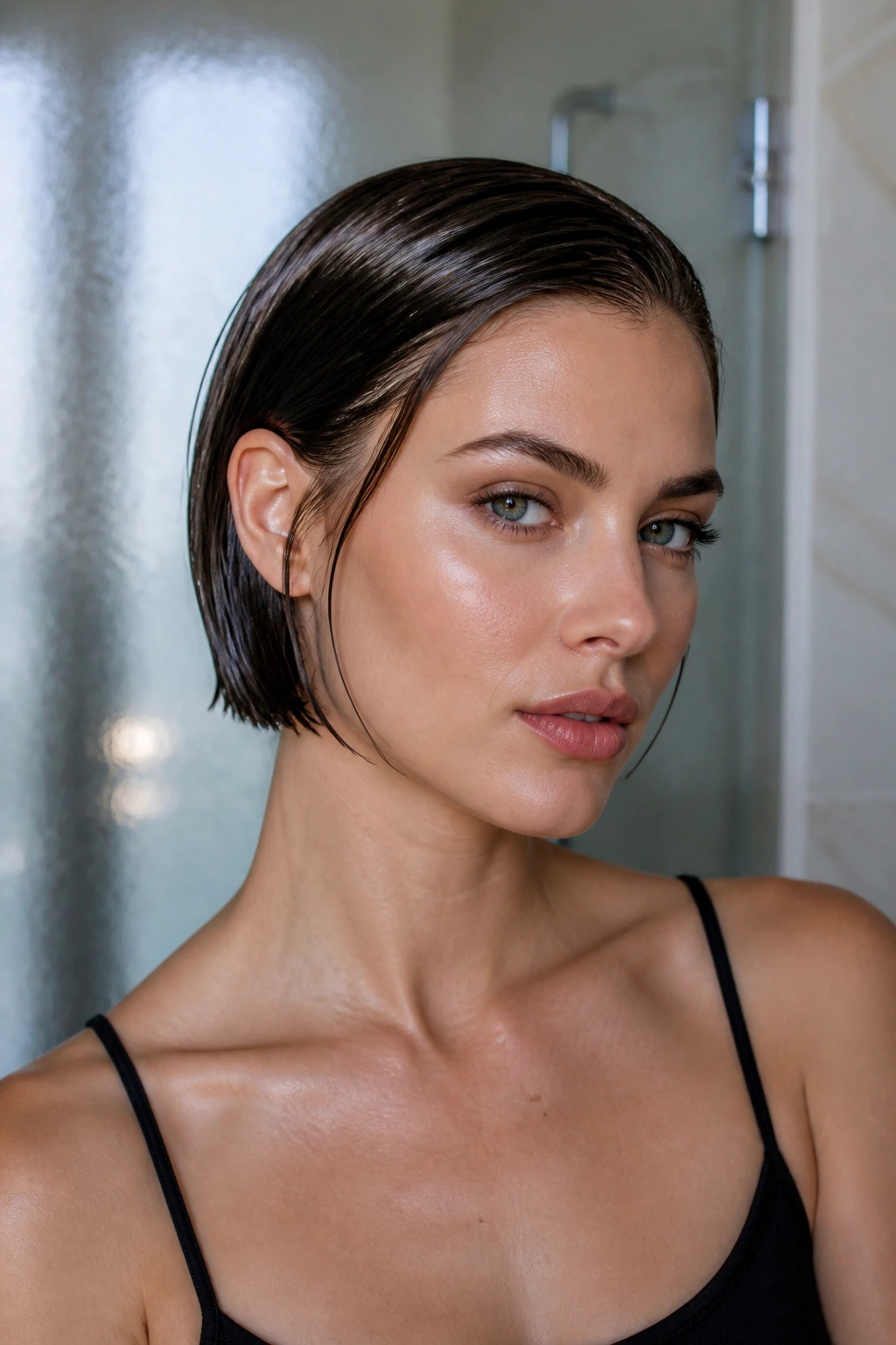 Portrait of a woman with a glossy wet-look bob in a bathroom setting