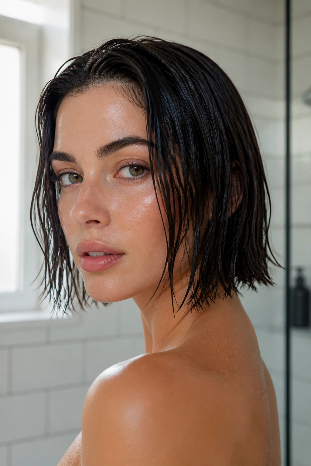 Portrait of a woman with a glossy wet-look bob in a bright bathroom