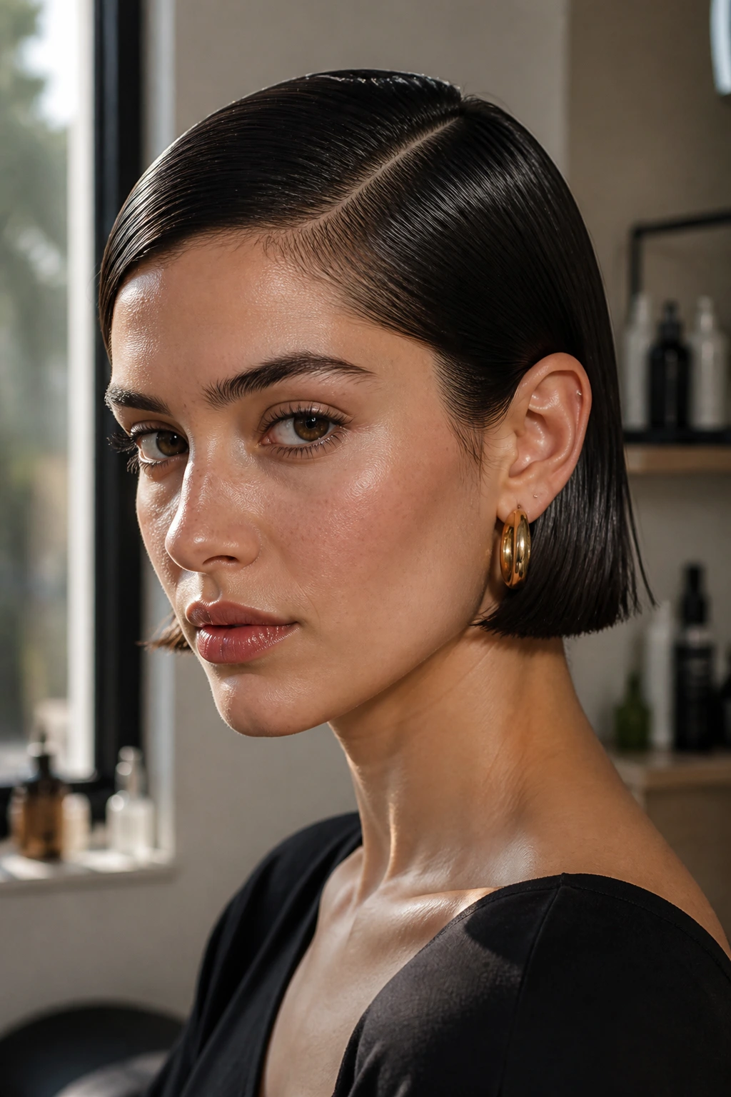 Close-up of a real woman with a sleek glossy wet-look bob showing a defined shape