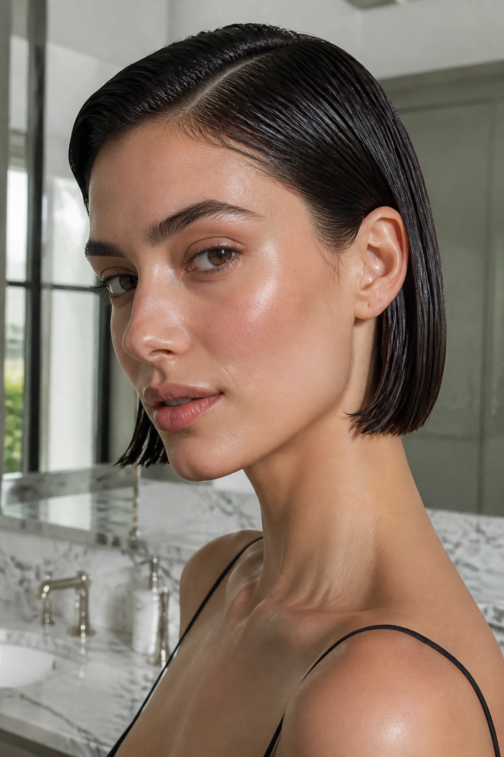 Wet-look bob close-up with glossy, sleek hair on real person