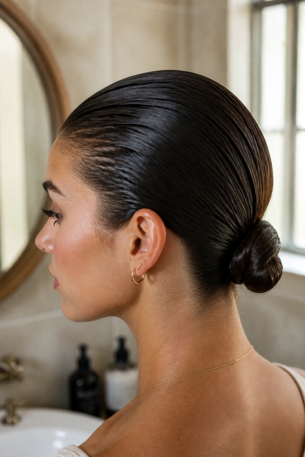 Close-up portrait of a real woman with a sleek wet-look chignon bun at the nape