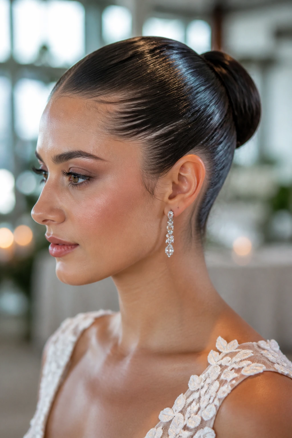 Close-up of a real bride with Wet-Look Bun, glossy slick bun with clean lines