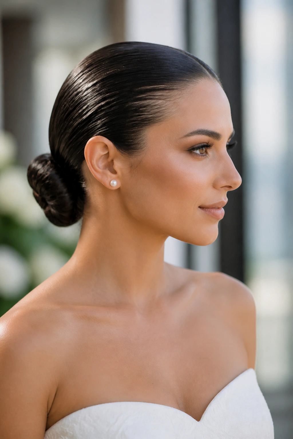 Bride with a sleek wet-look bun and glossy finish.