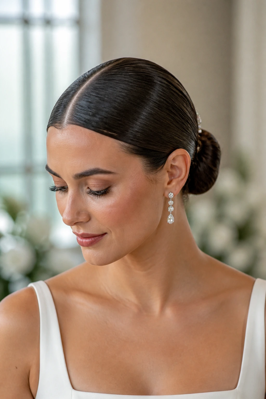 Close-up of a bride with a glossy wet-look bun and center part