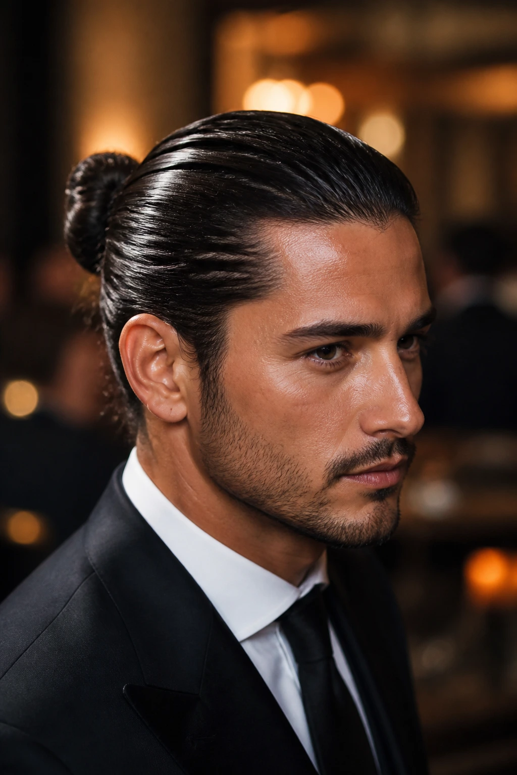Man with a wet-look bun and glossy hair in an upscale indoor setting.