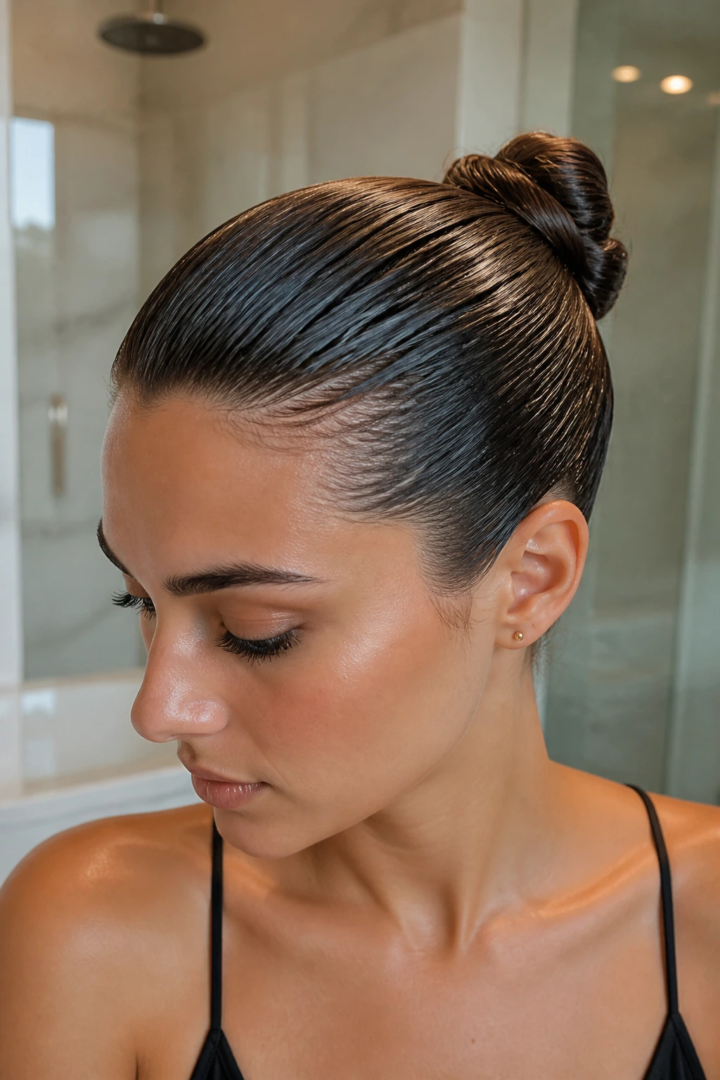 Close-up of a real woman with a glossy wet-look bun and no flyaways.