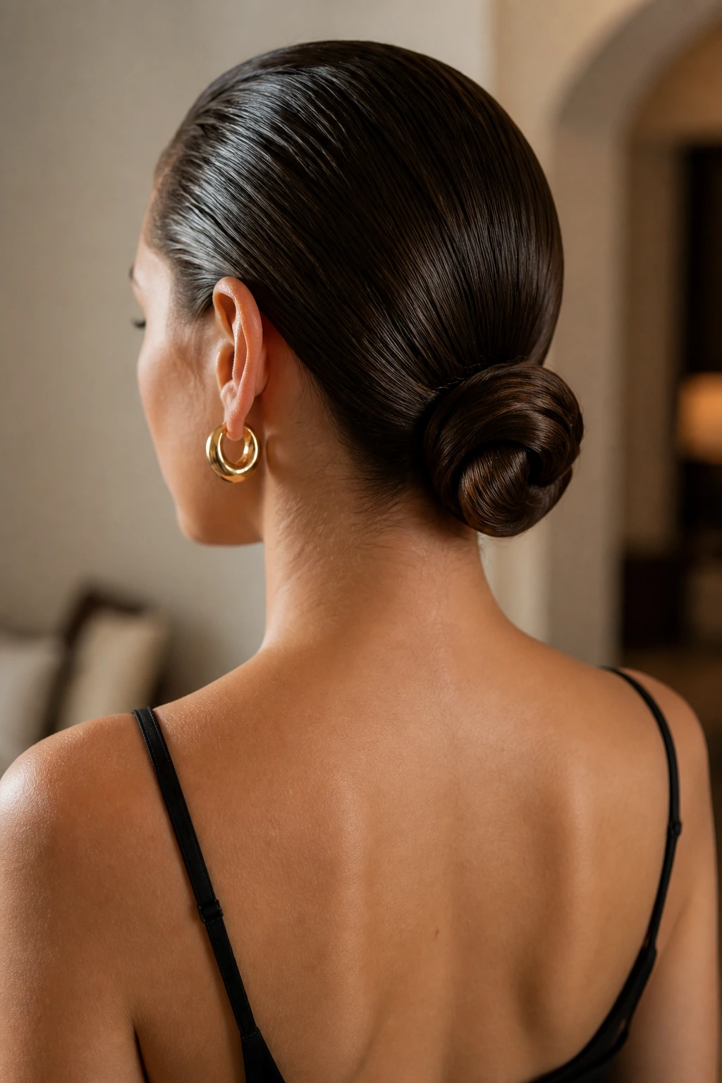 Close-up of a real person wearing a glossy wet-look sculpted bun