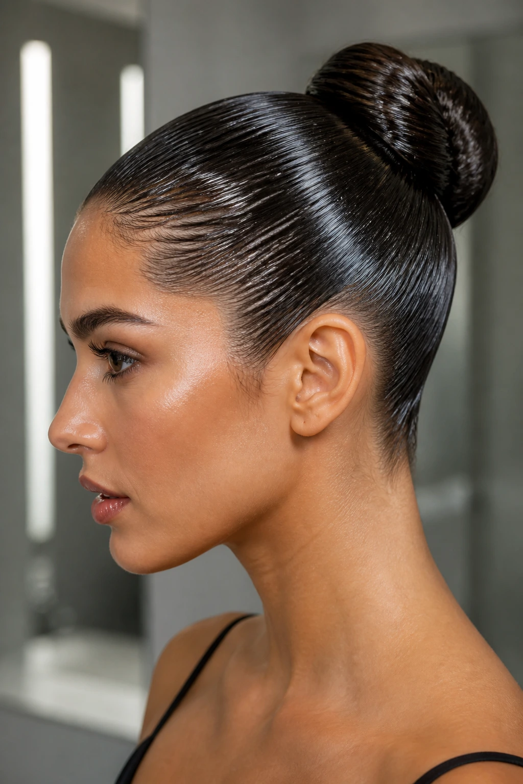 Close-up portrait of a real woman with a wet-look bun