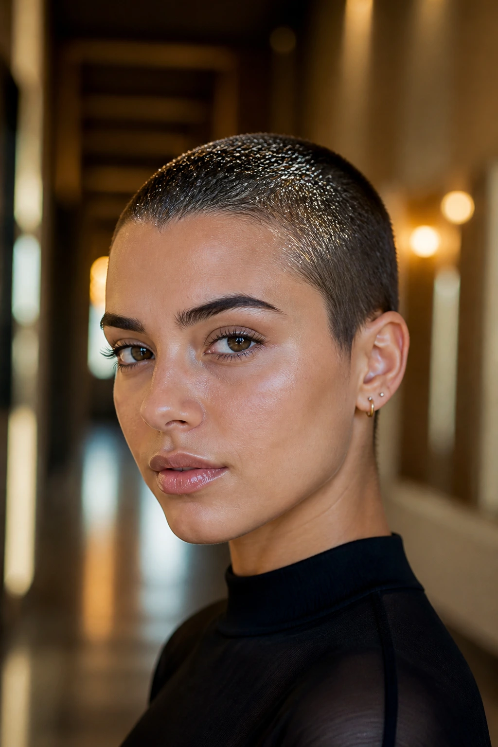 Close-up of a real person with a glossy wet-look buzz cut