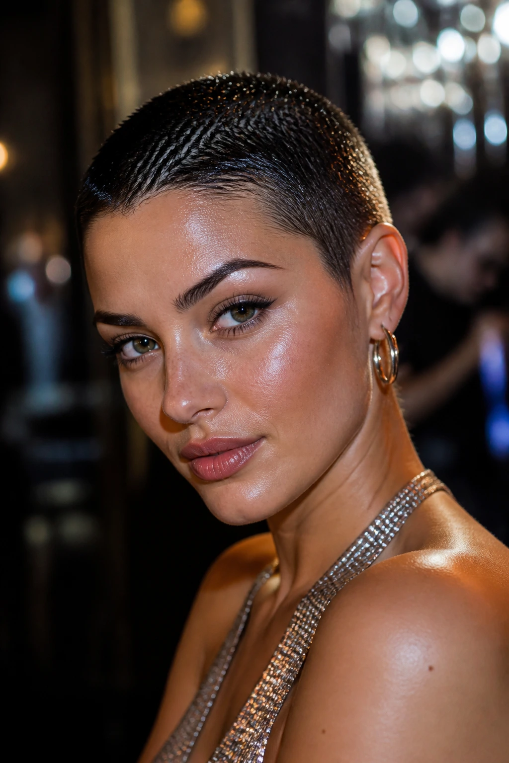 Real woman with a glossy wet-look buzz cut.