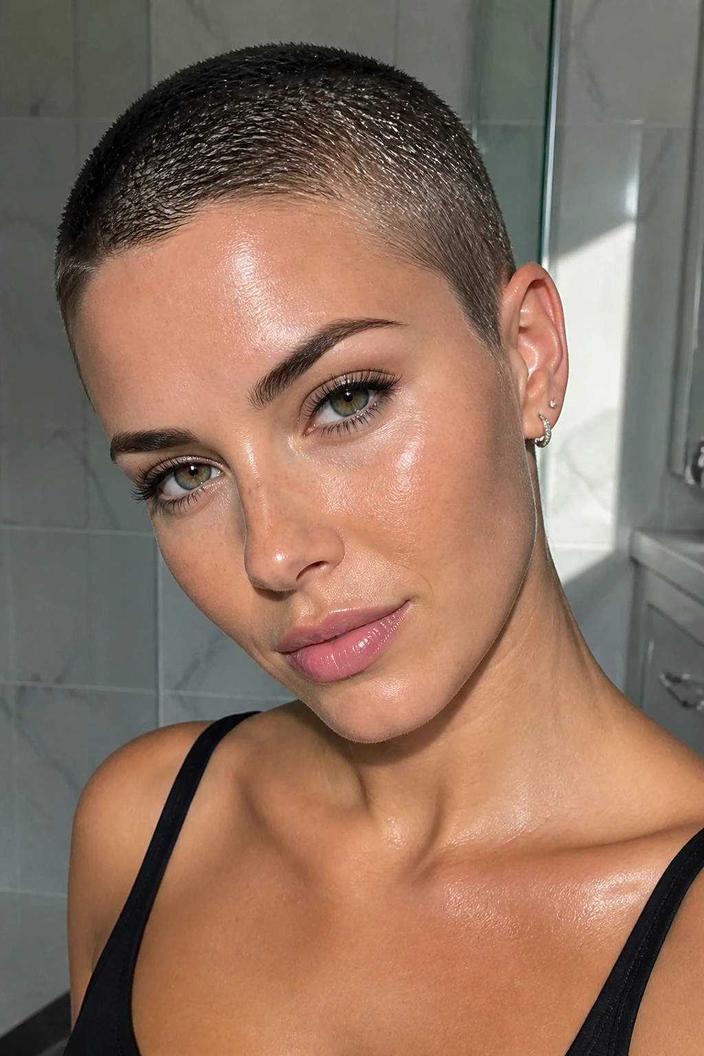 Real woman with wet-look buzz showing glossy finish on short hair